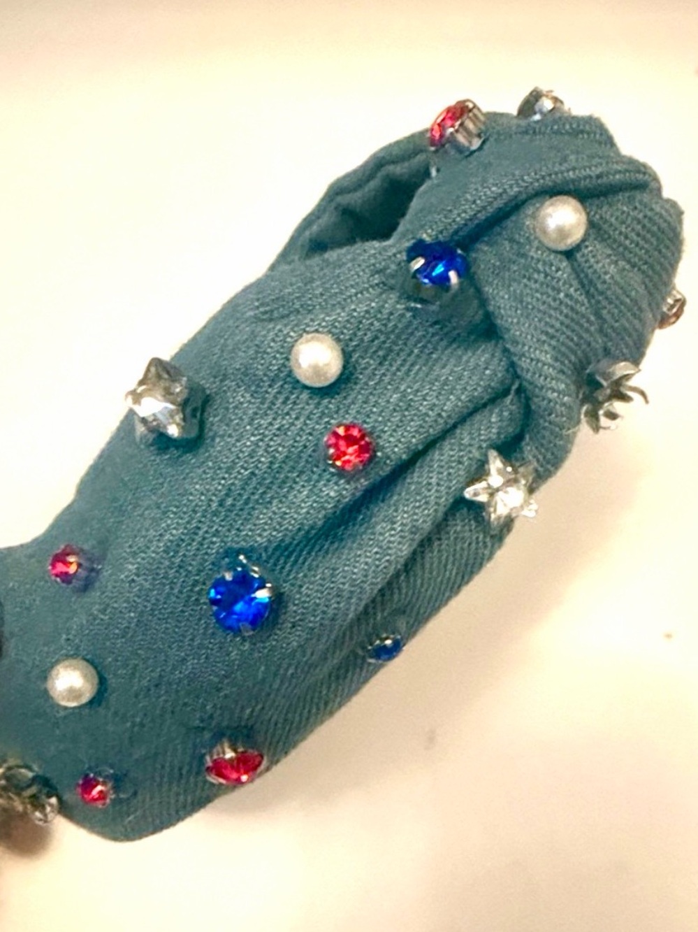 Packed Party Teal Knotted Headband with Red, Blue, Pearl & Silver Accents
